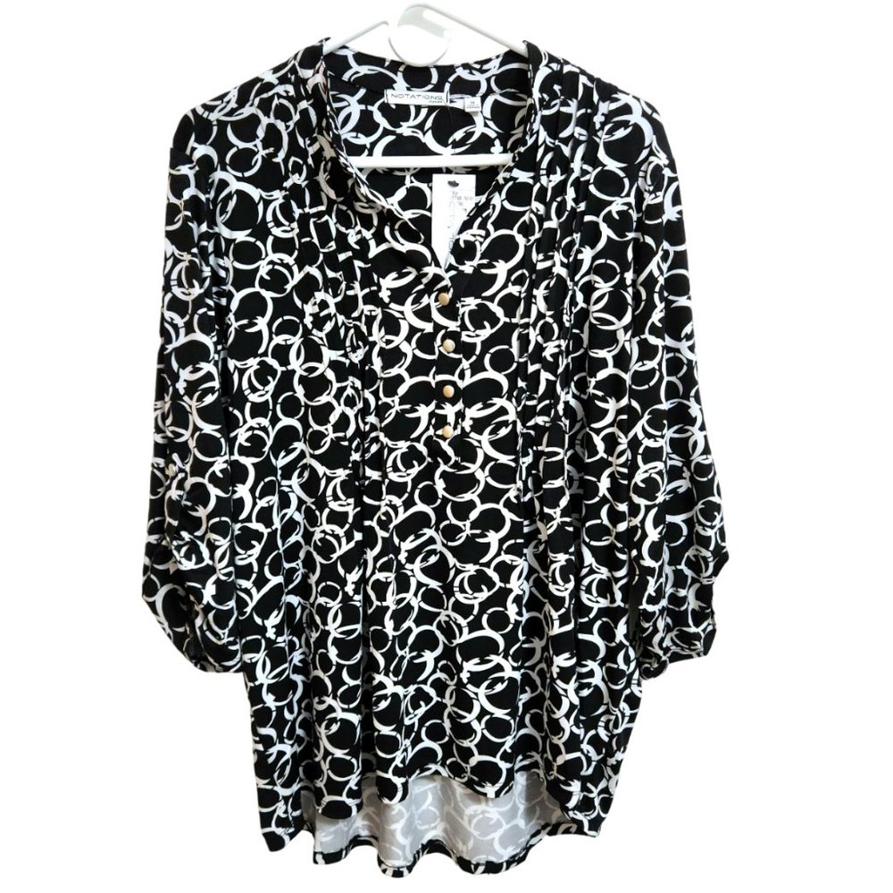 Notations Roll Tab Sleeves Pullover V-Neck Bouse Pintucks Black & White Size 1X